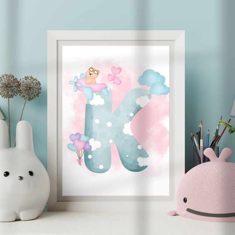 Pink Plane Clouds Alphabet Nursery Bedroom Decor Print