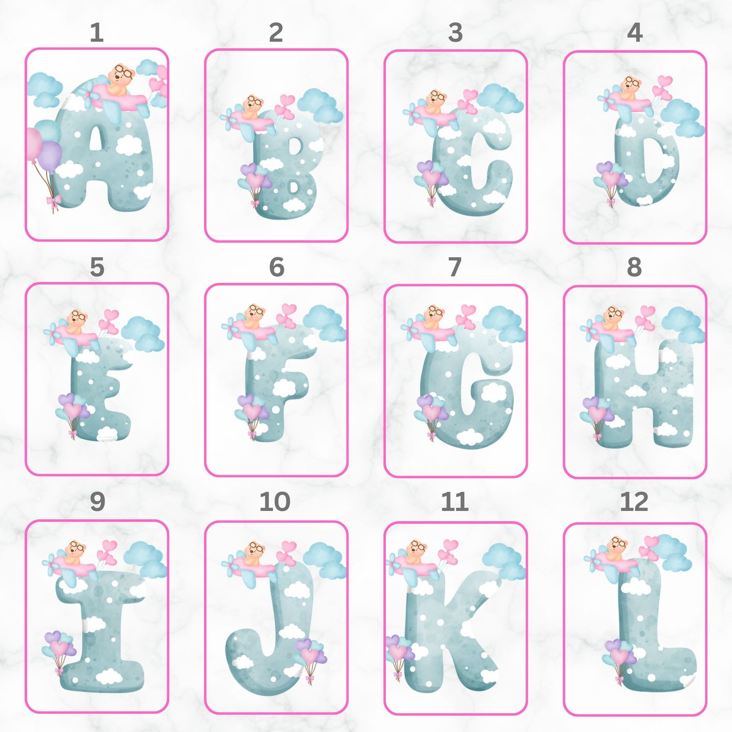 Pink Plane Clouds Alphabet Nursery Bedroom Decor Print