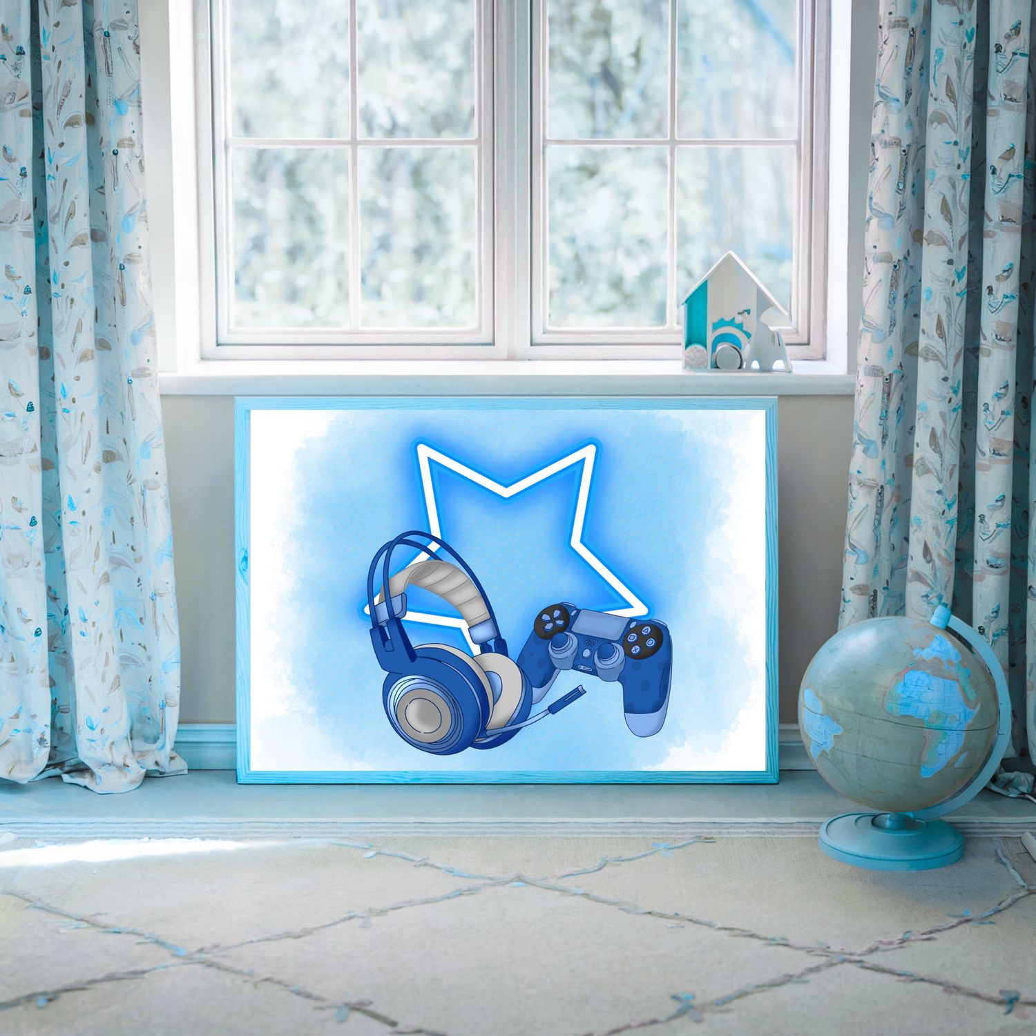 Gamer Star Blue Nursery Bedroom Decor Print