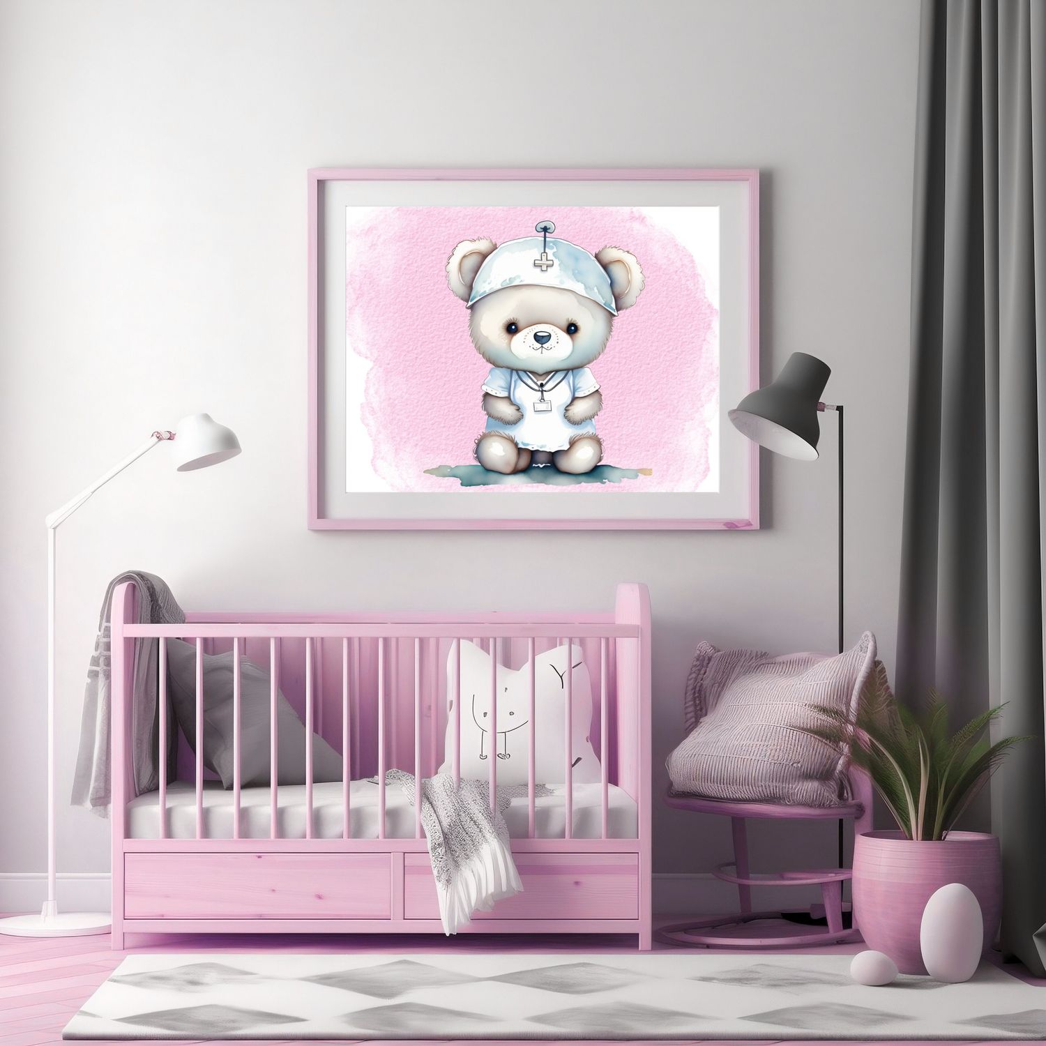 Doctor Nurse Bear Pink 2 Nursery Bedroom Decor Print