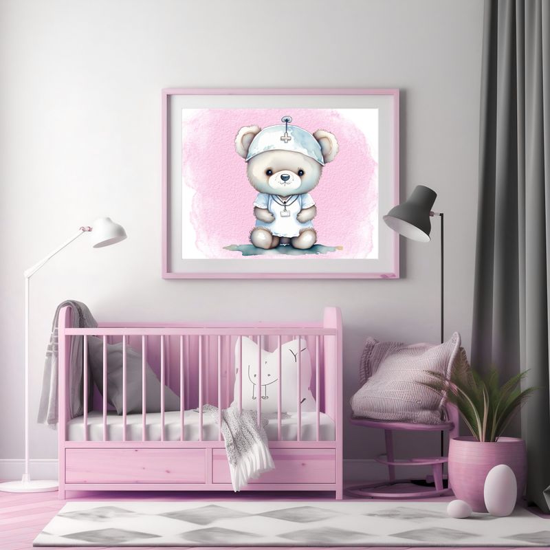Doctor Nurse Bear Pink 2 Nursery Bedroom Decor Print