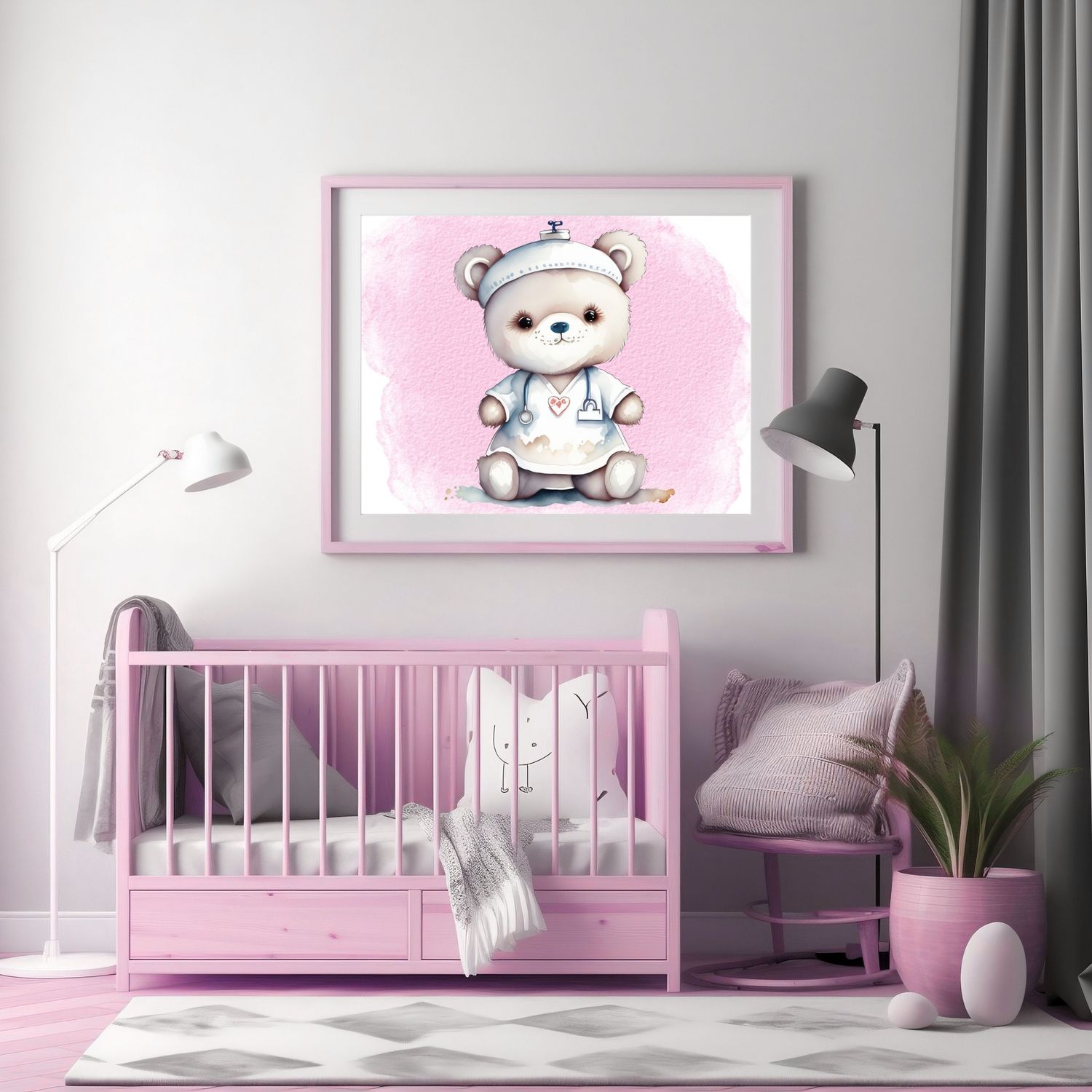 Doctor Nurse Bear Pink 1 Nursery Bedroom Decor Print