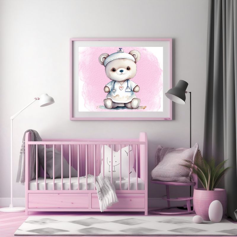 Doctor Nurse Bear Pink 1 Nursery Bedroom Decor Print