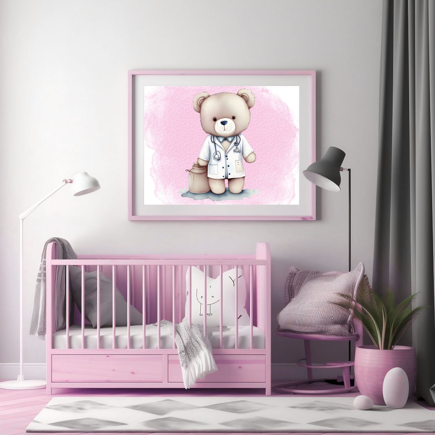 Doctor Nurse Bear Pink 3 Nursery Bedroom Decor Print