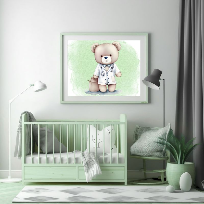 Doctor Nurse Bear Green 3 Nursery Bedroom Decor Print