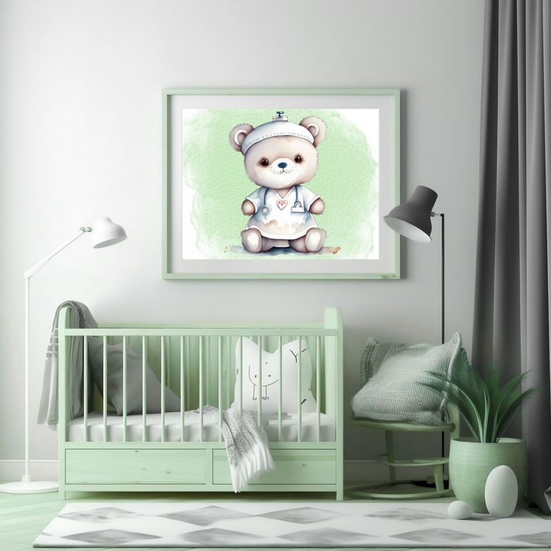 Doctor Nurse Bear Green 2 Nursery Bedroom Decor Print