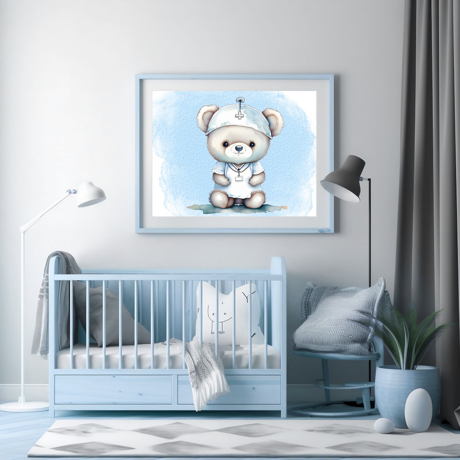 Doctor Nurse Blue Bear 1 Nursery Bedroom Decor Print
