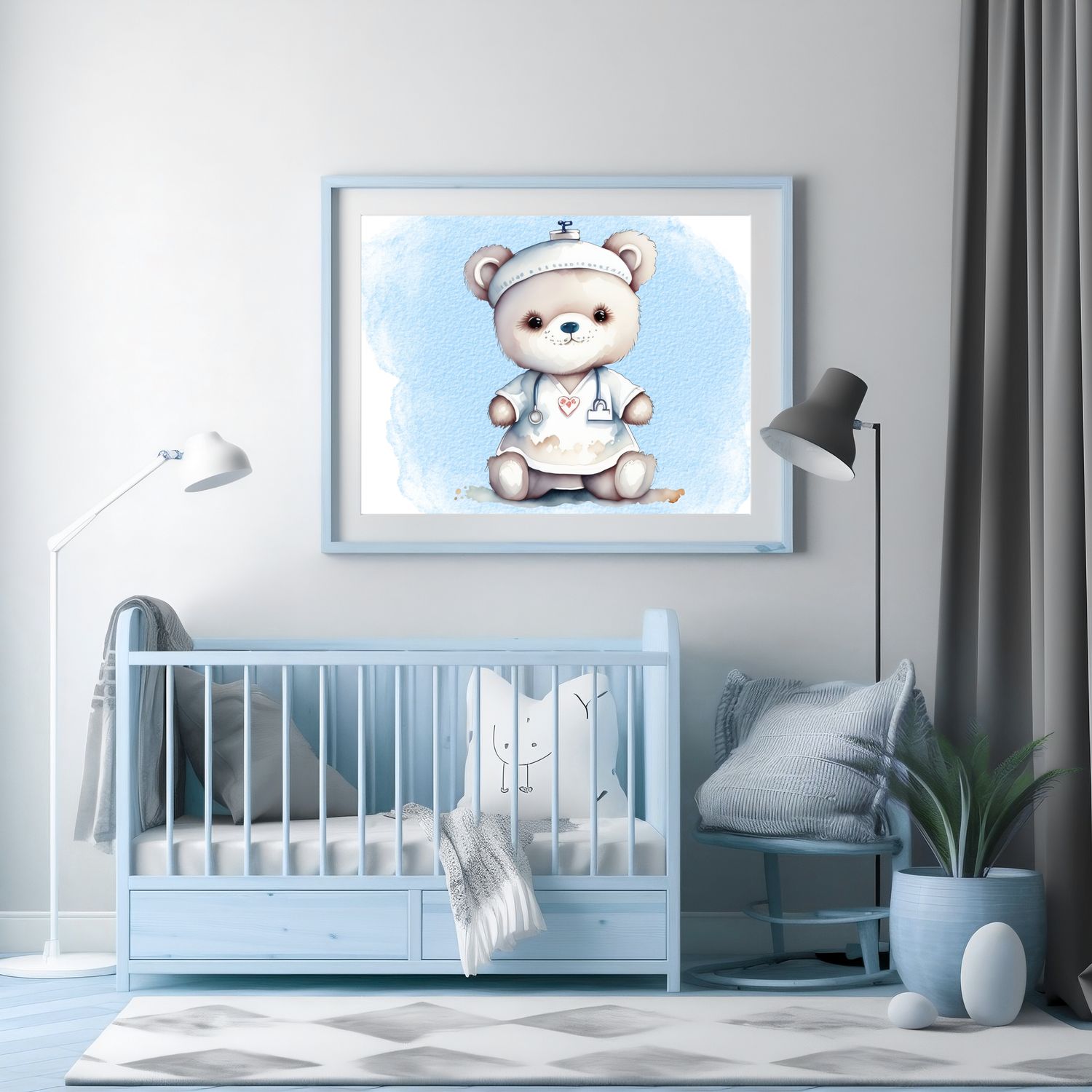 Doctor Nurse Blue Bear 2 Nursery Bedroom Decor Print