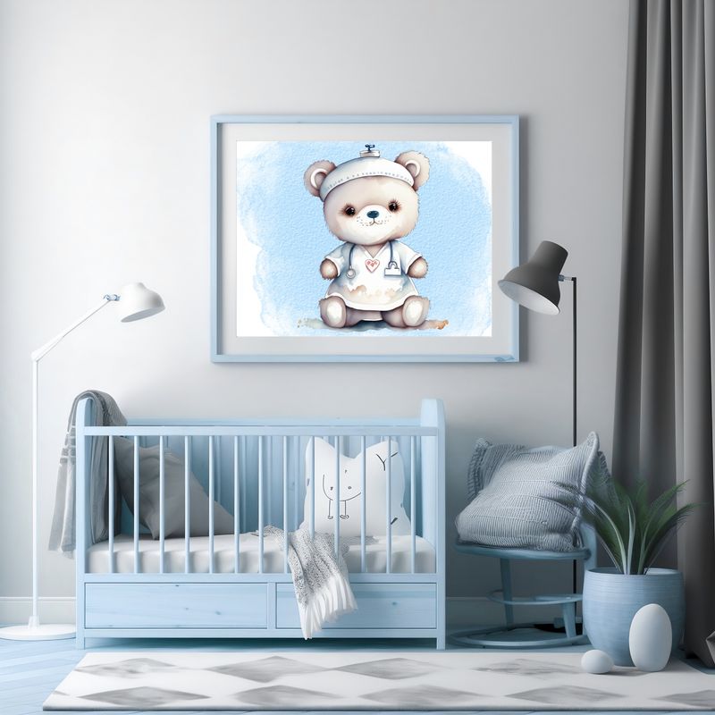 Doctor Nurse Blue Bear 2 Nursery Bedroom Decor Print