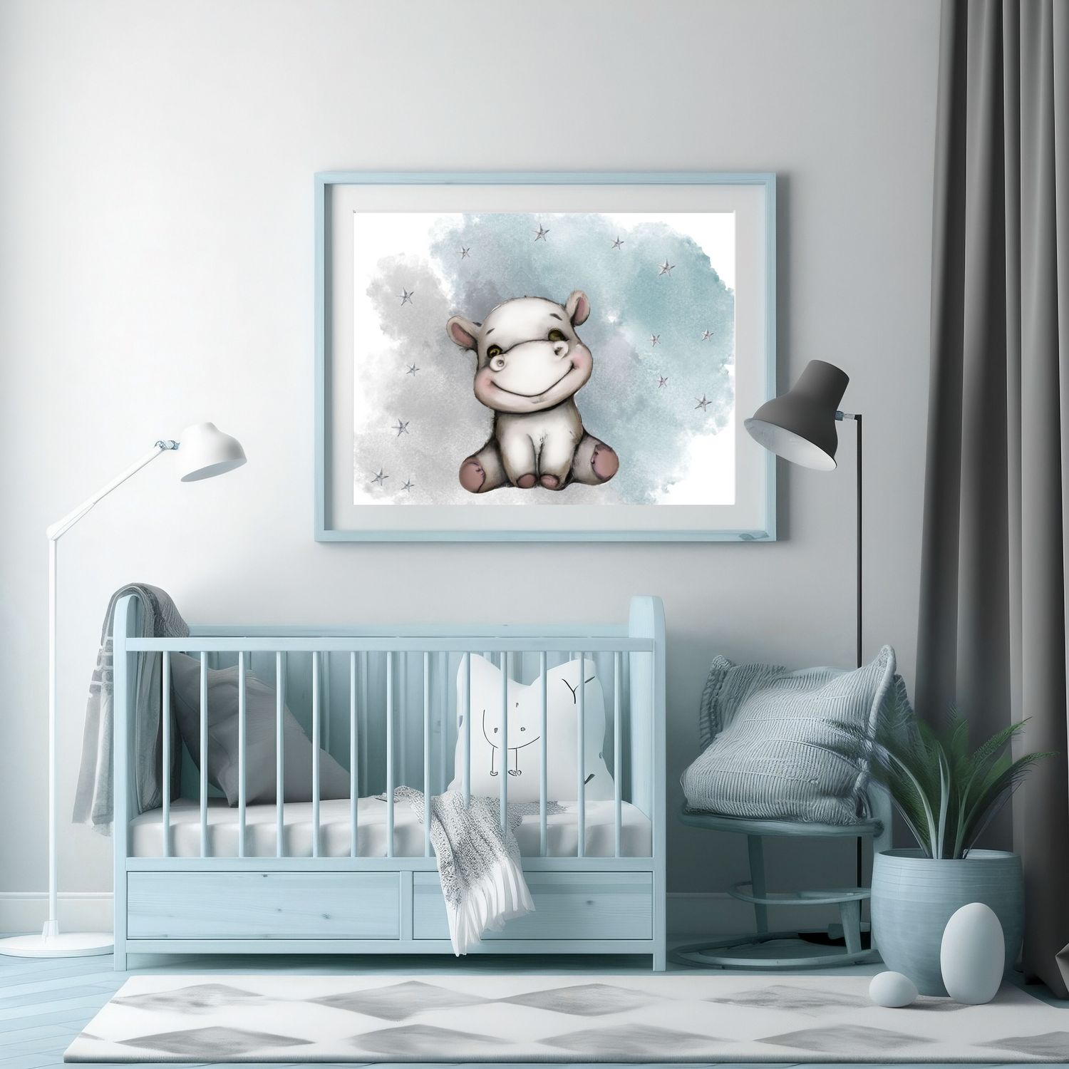 Cute Hippo Splash Nursery Bedroom Decor Print