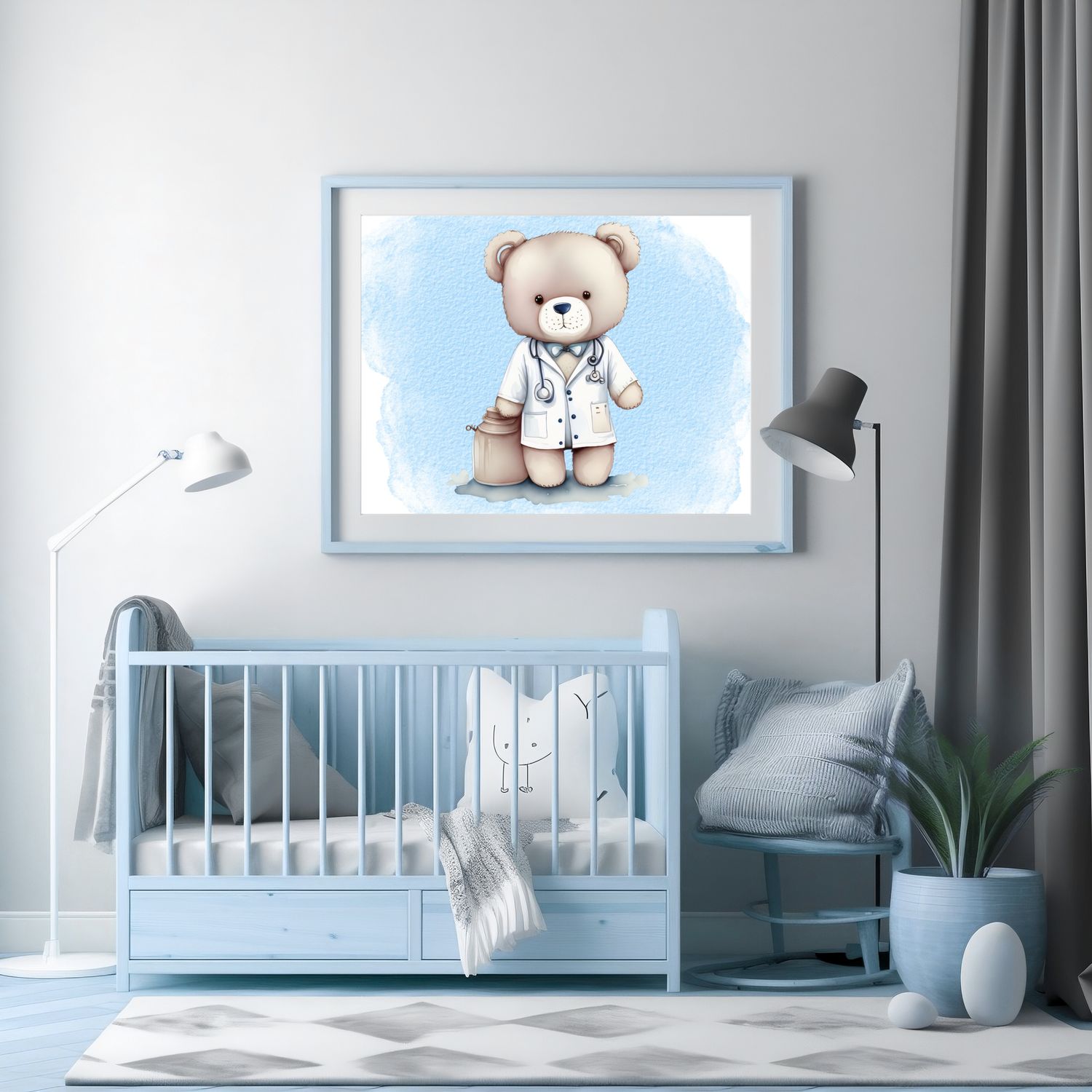 Doctor Nurse Blue Bear 3 Nursery Bedroom Decor Print