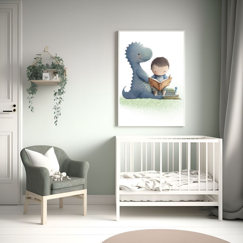 Dinosaur And Boy Reading Book Nursery Bedroom Decor Print