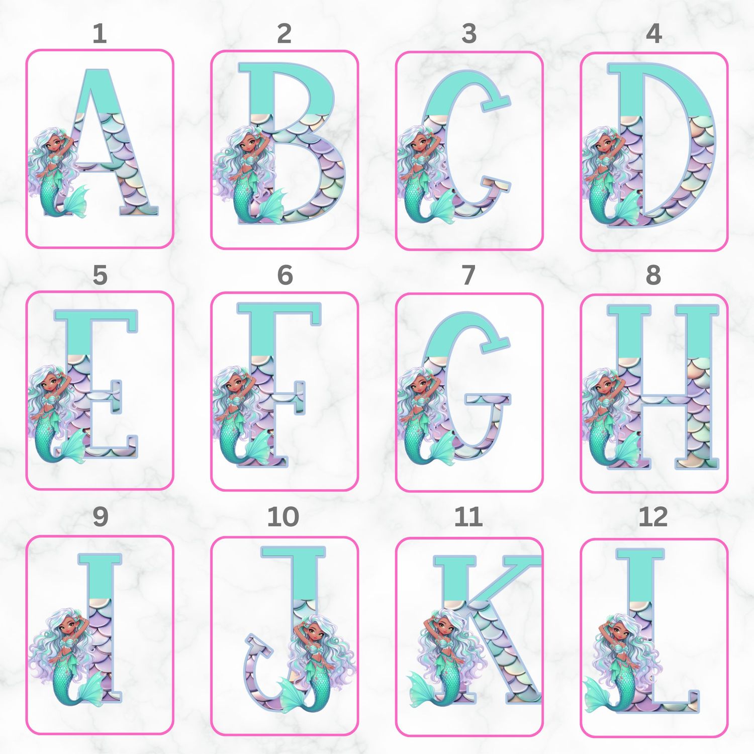 Mermaid Alphabet Nursery Bedroom Decor Print