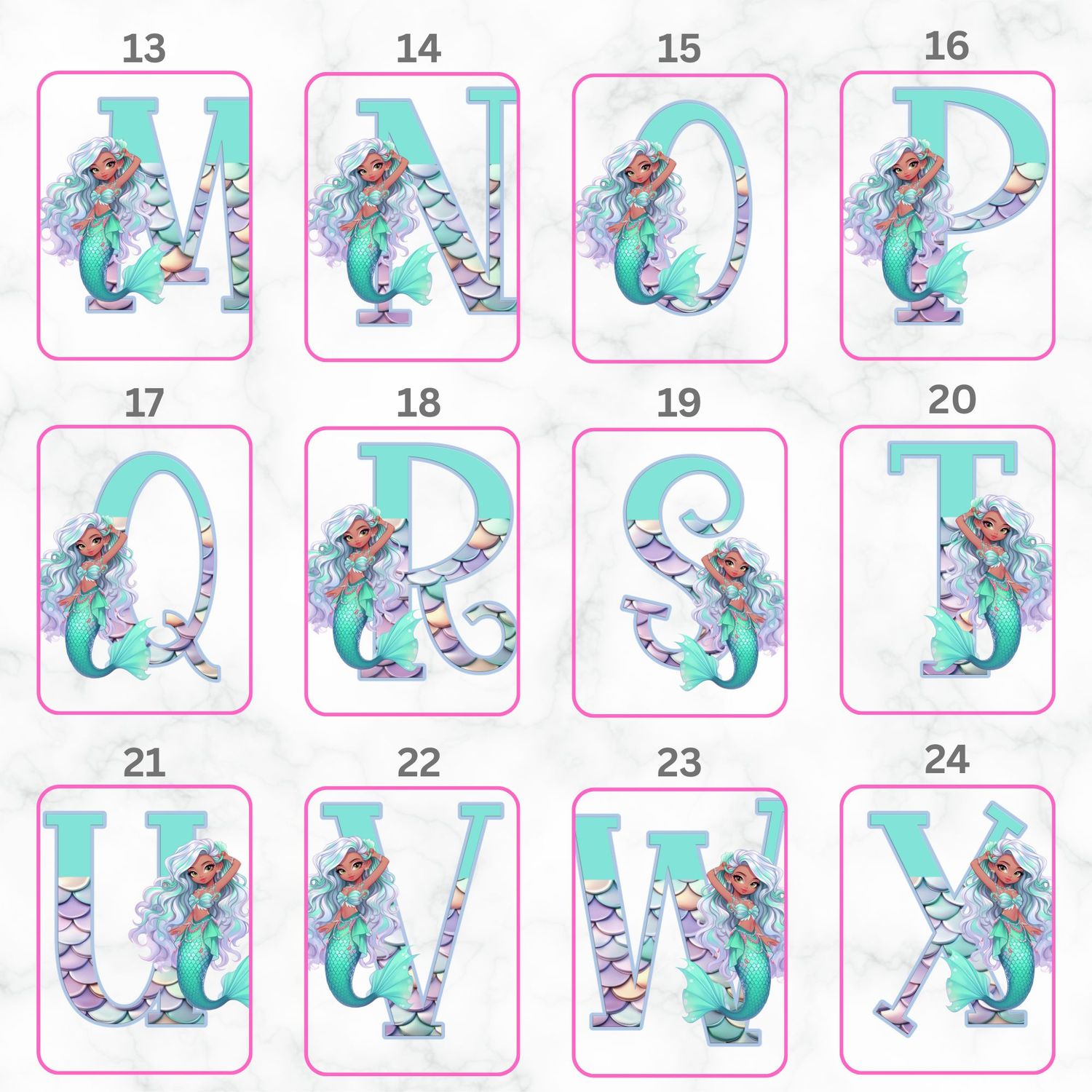 Mermaid Alphabet Nursery Bedroom Decor Print