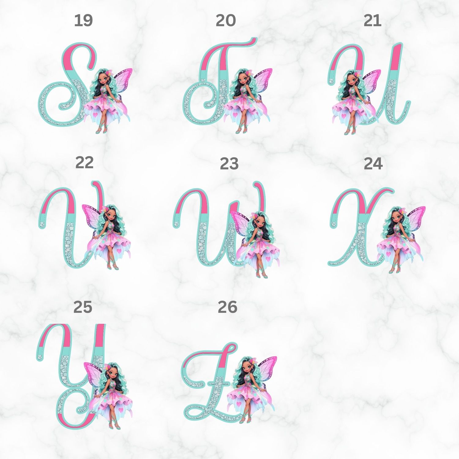 Pink &amp; Turquoise Fairy Alphabet UVDTF or DTF Decal