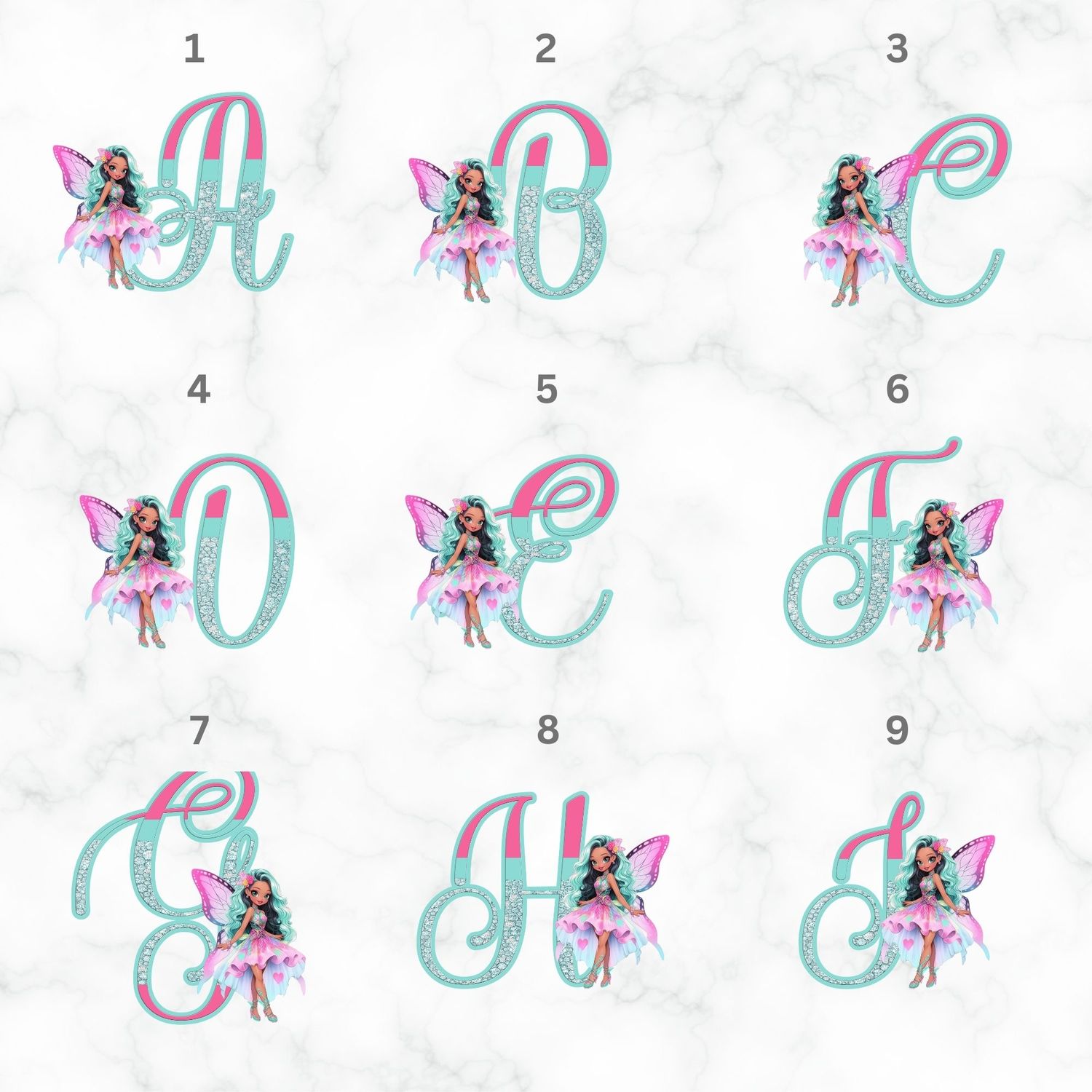 Pink &amp; Turquoise Fairy Alphabet UVDTF or DTF Decal