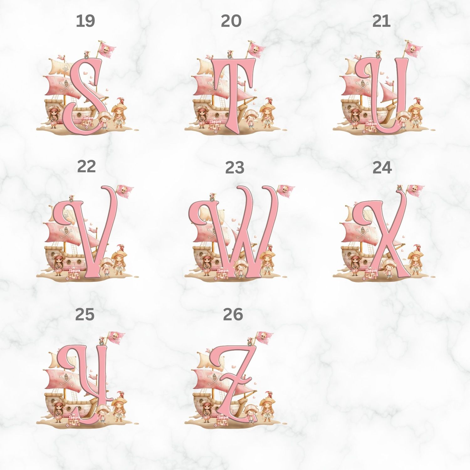 Pink Pirate Ship Alphabet UVDTF or DTF Decal