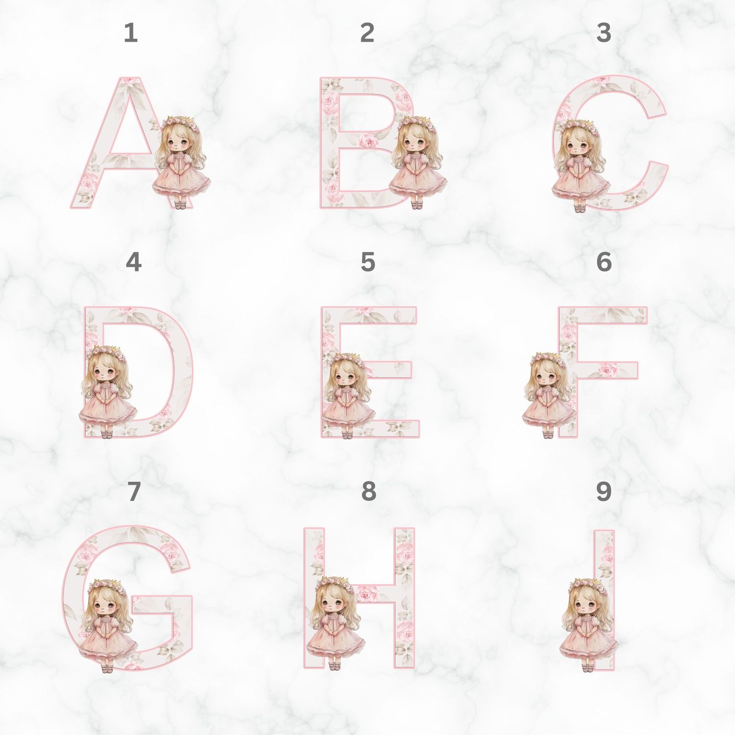 Princess Rose Alphabet UVDTF or DTF Decal