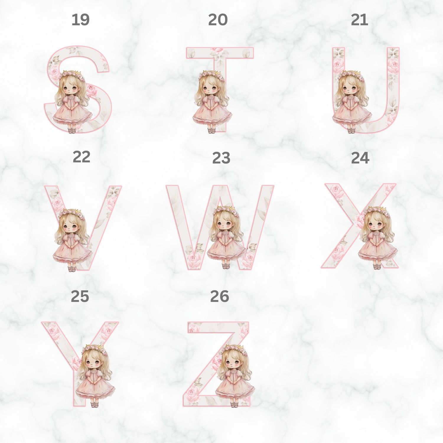 Princess Rose Alphabet UVDTF or DTF Decal
