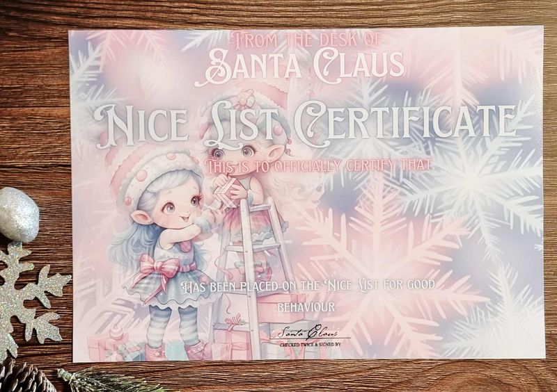 Pink &amp; Turquoise Elf Nice List Certificate