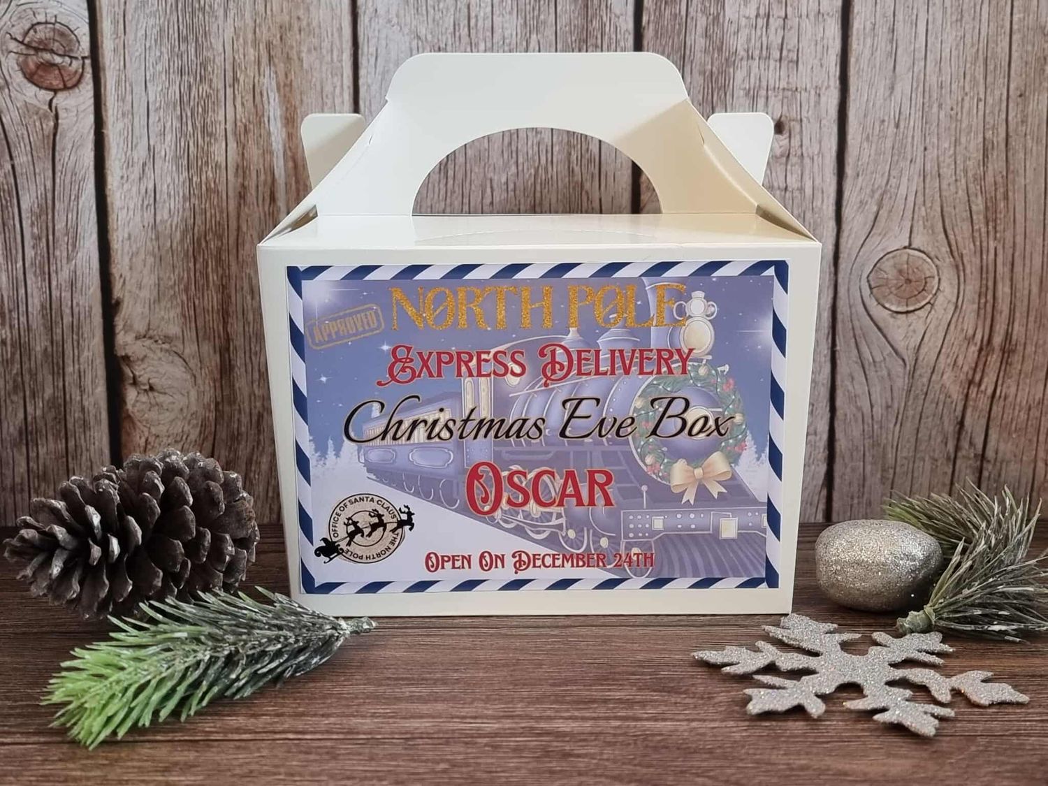 Personalised Christmas Eve Treat Box Sticker Blue