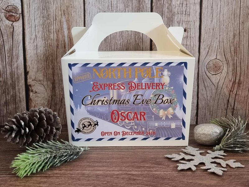 Personalised Christmas Eve Treat Box Sticker Blue
