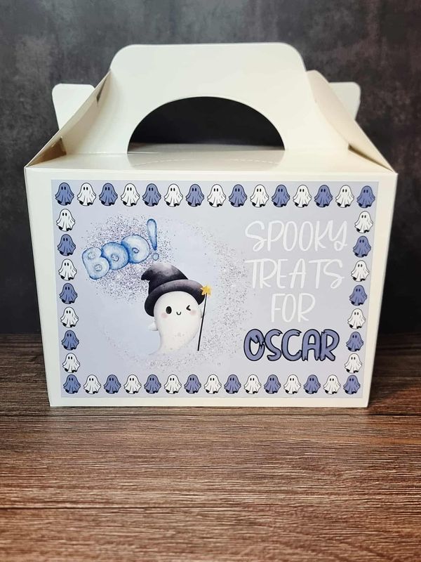 Halloween BOO Ghost Treat Box Sticker Blue
