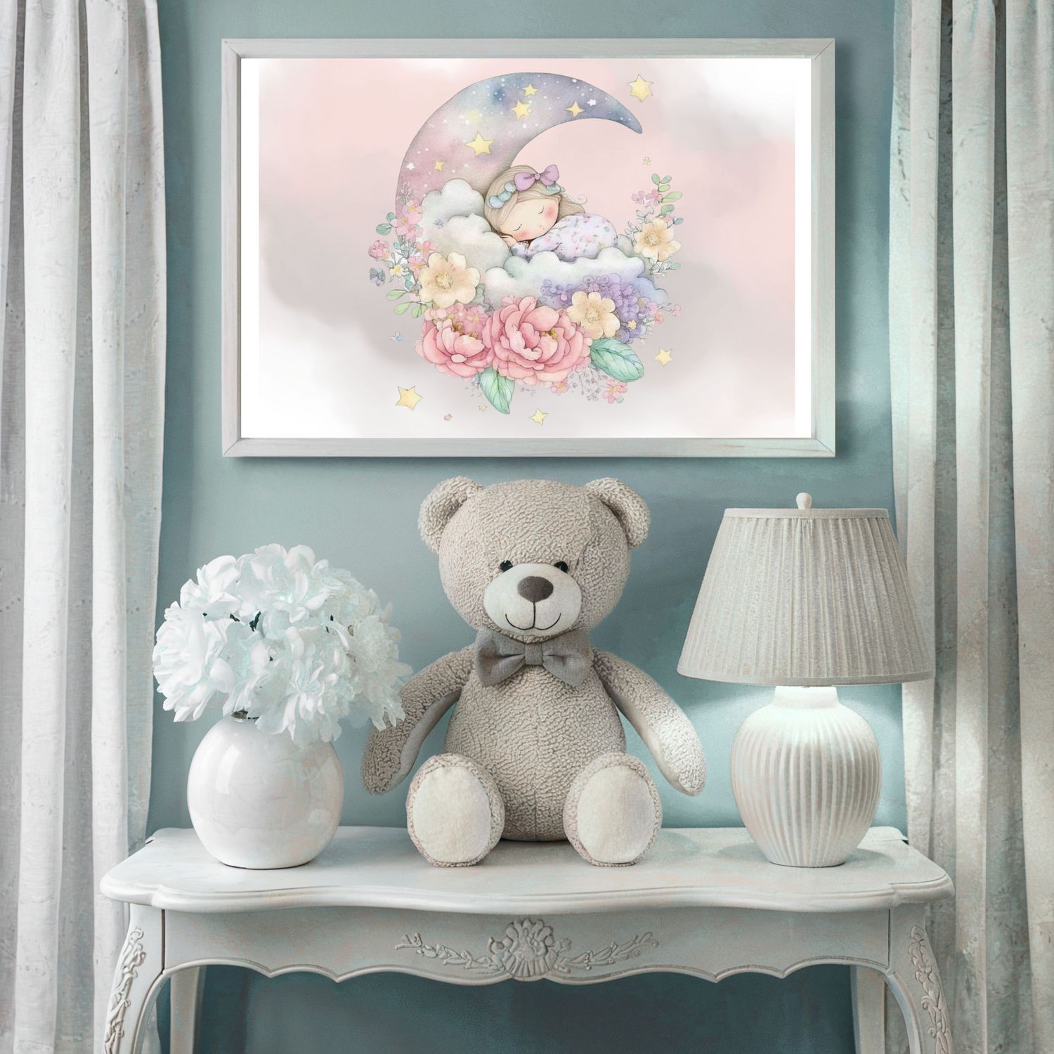 Floral Moon Design 1 Nursery Bedroom Decor Print