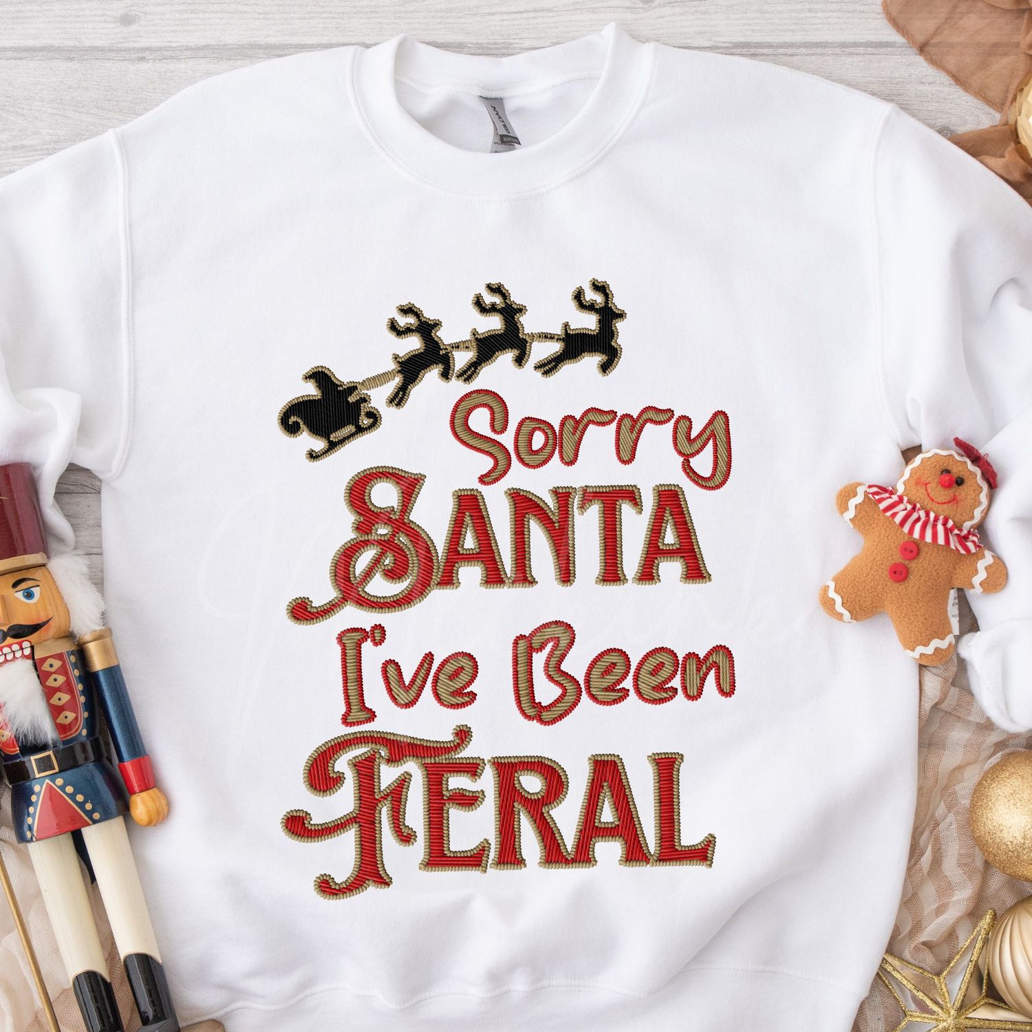 Faux Embroidery Effect Santa I&#39;ve Been Feral DTF Decal