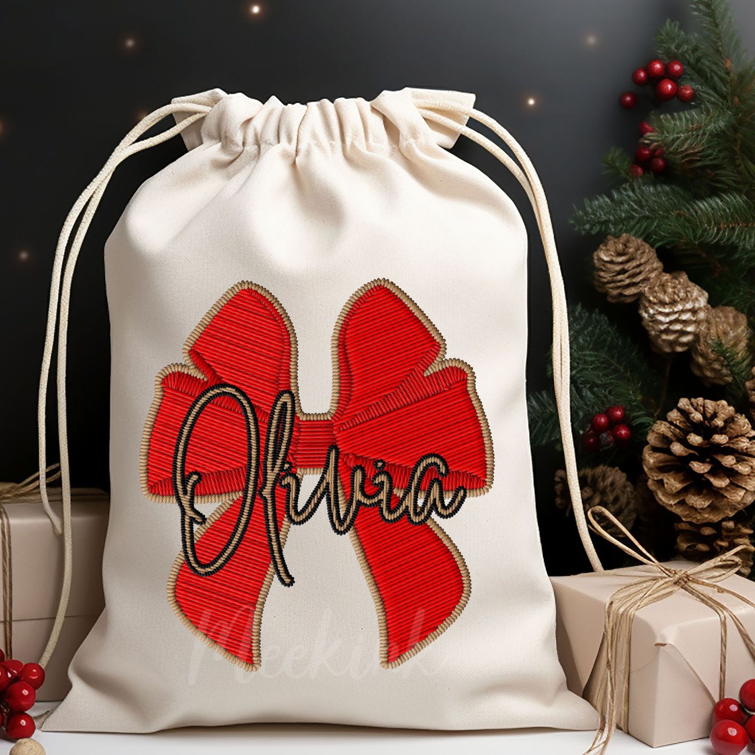 Faux Embroidery Effect Red Bow Personalised DTF Decal