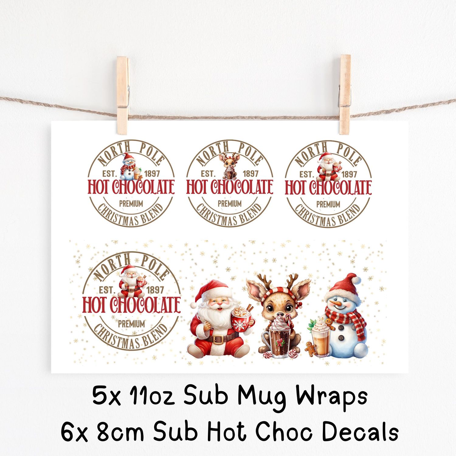 Christmas Hot Chocolate 11oz Mug Wraps &amp; Decals Sublimation Print&#39;s