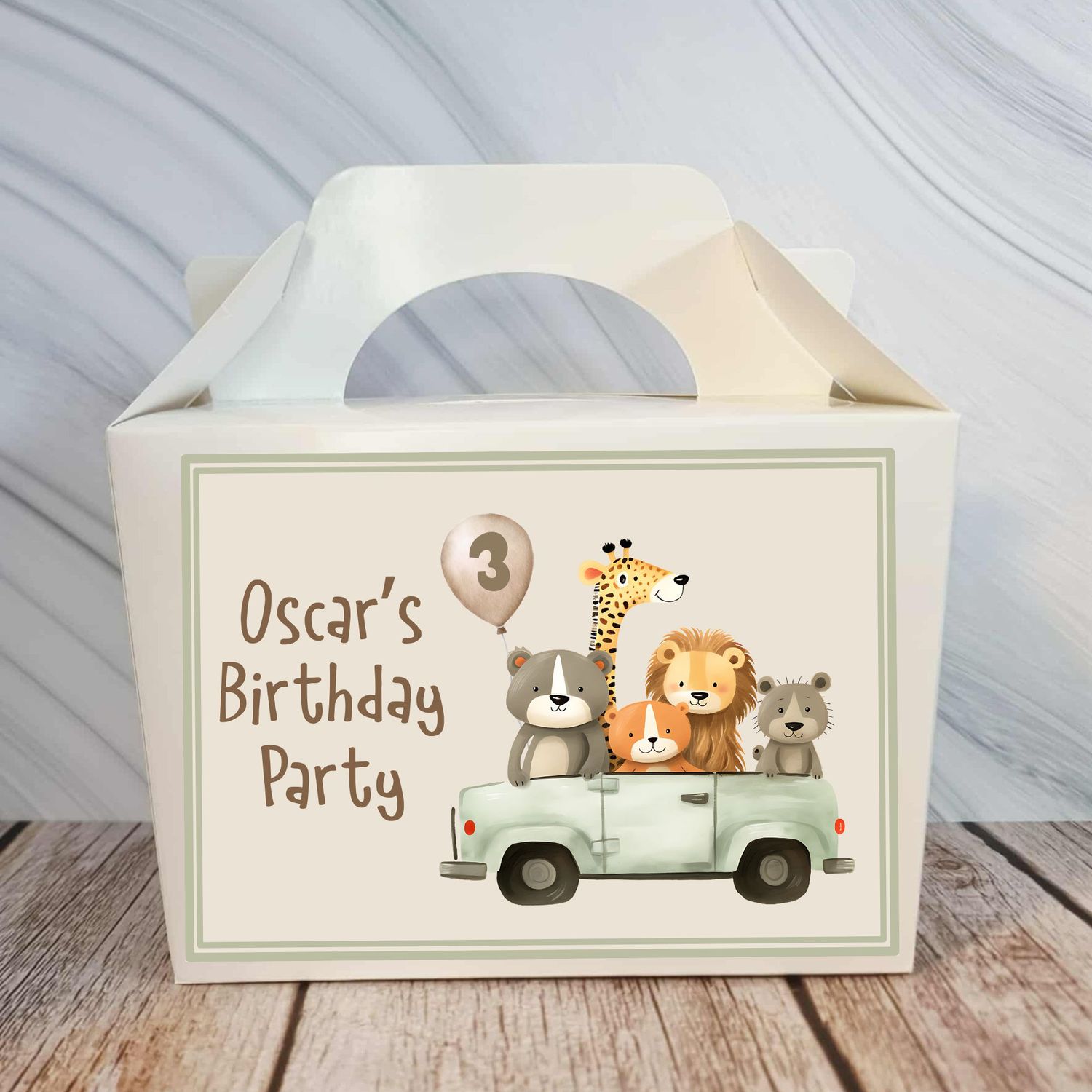 Safari Animals In A Car Birthday Party Box Sticker
