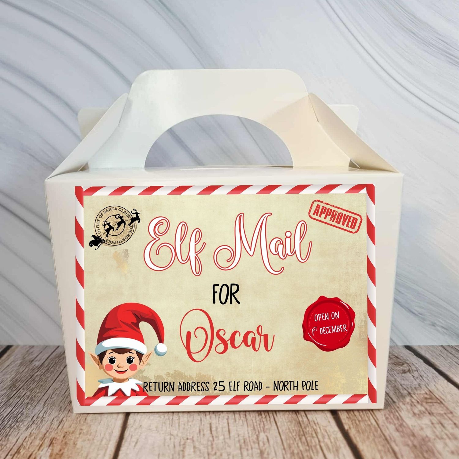Personalised Elf Mail Treat Box Sticker Pink