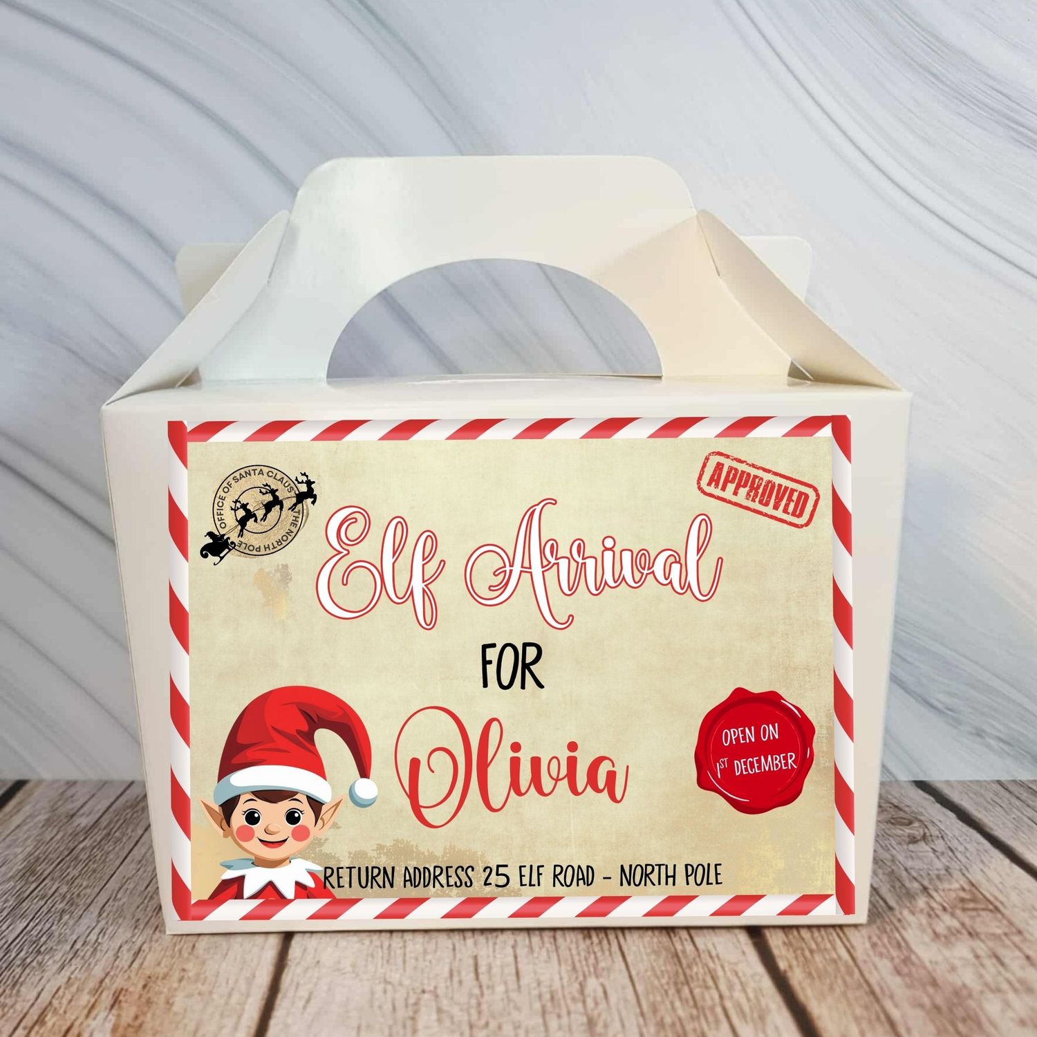 Personalised Elf Arrival Treat Box Sticker Pink
