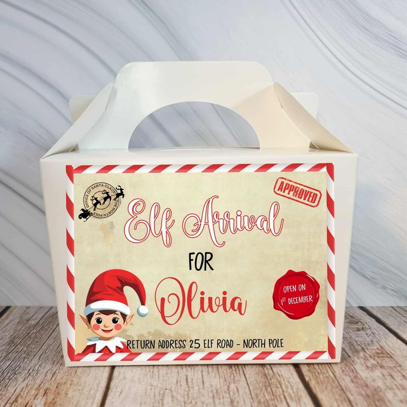 Personalised Elf Arrival Treat Box Sticker Pink