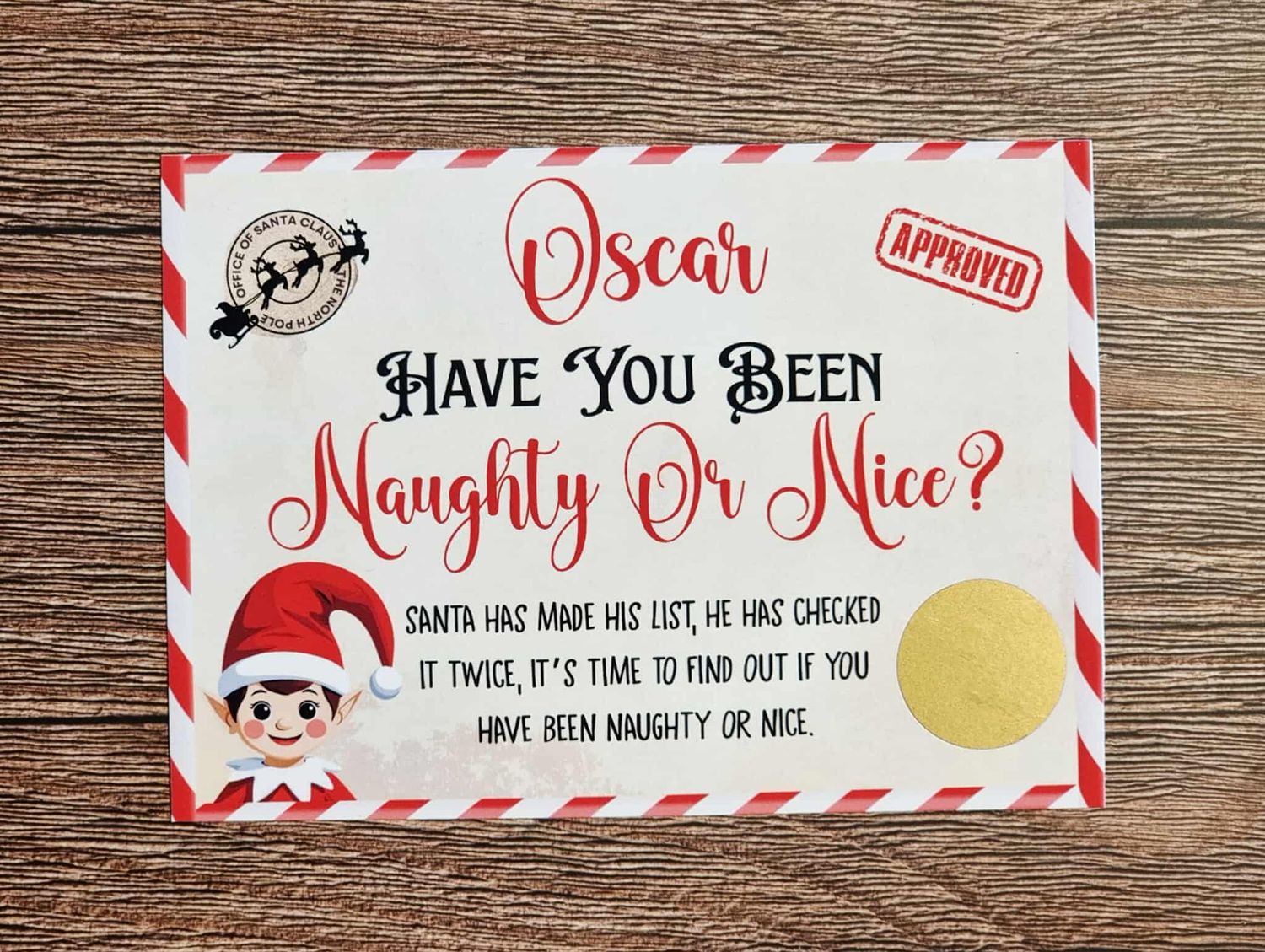 Personalised Naughty Or Nice Elf Scratchcard