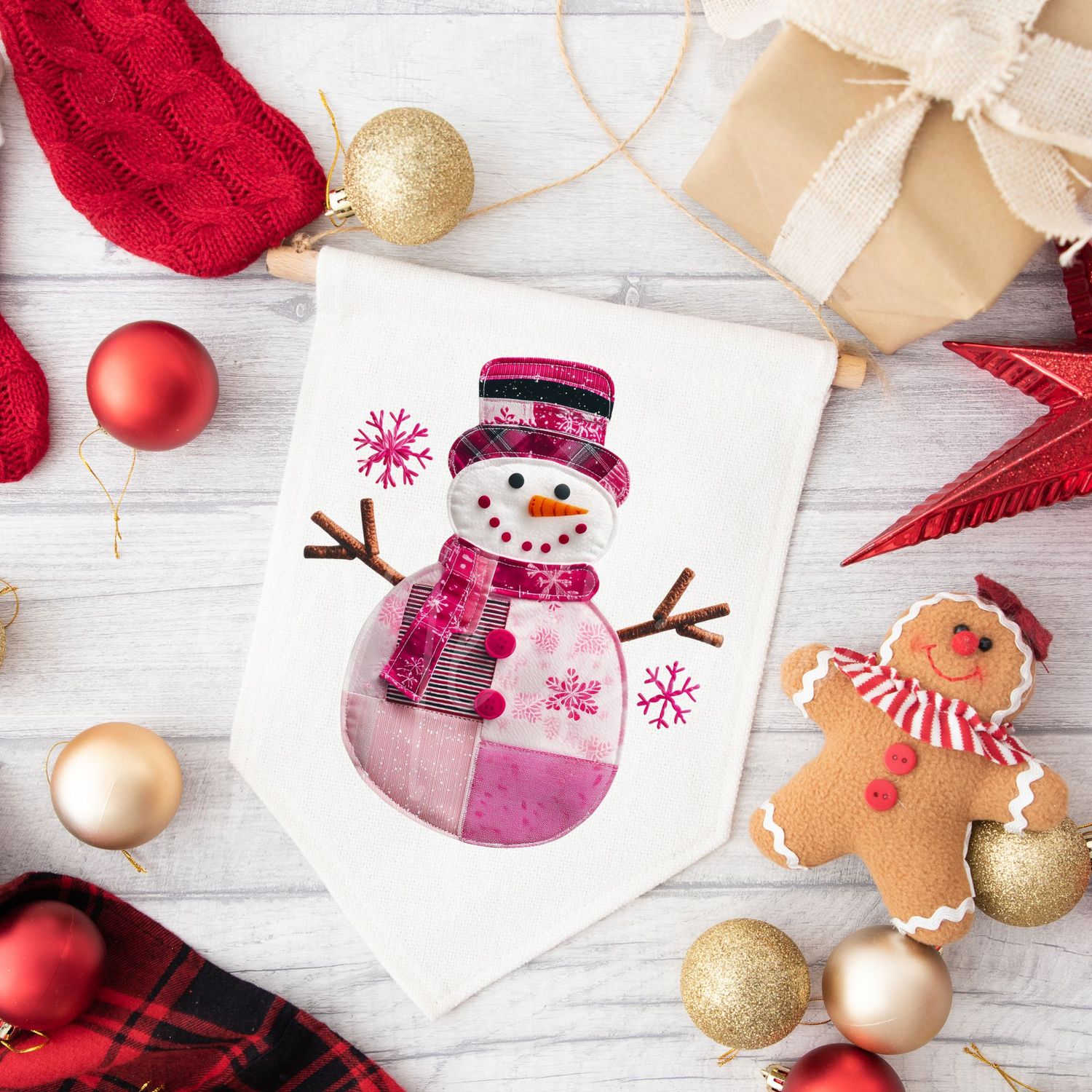 Patchwork Effect Pink Snow Girl DTF Decal