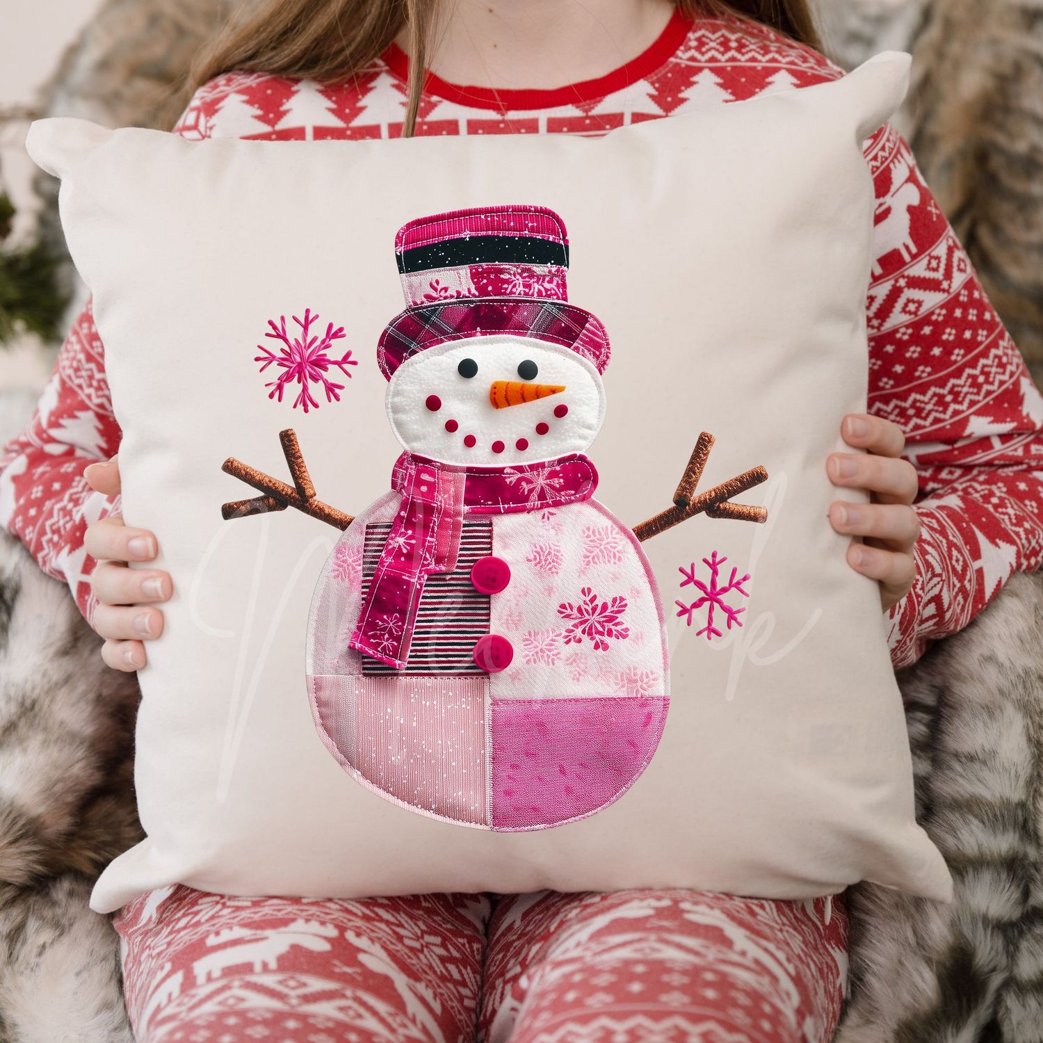 Patchwork Effect Pink Snow Girl DTF Decal
