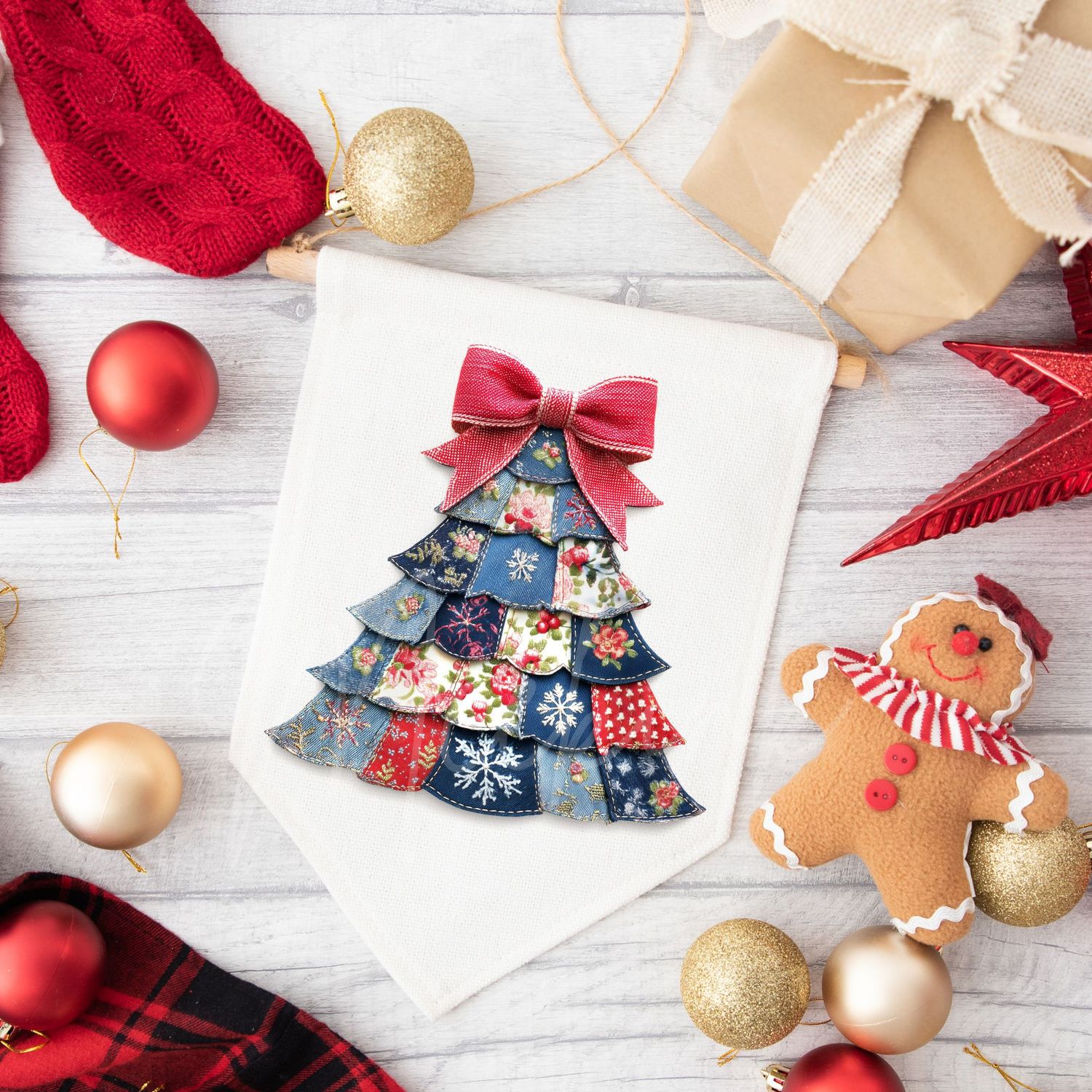 Patchwork Denim Effect Christmas Tree DTF Decal