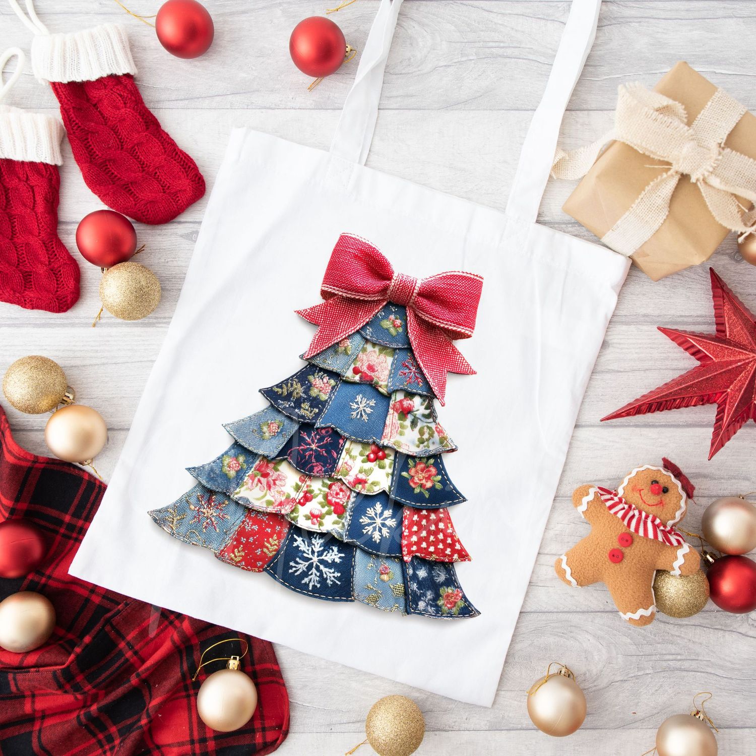 Patchwork Denim Effect Christmas Tree DTF Decal