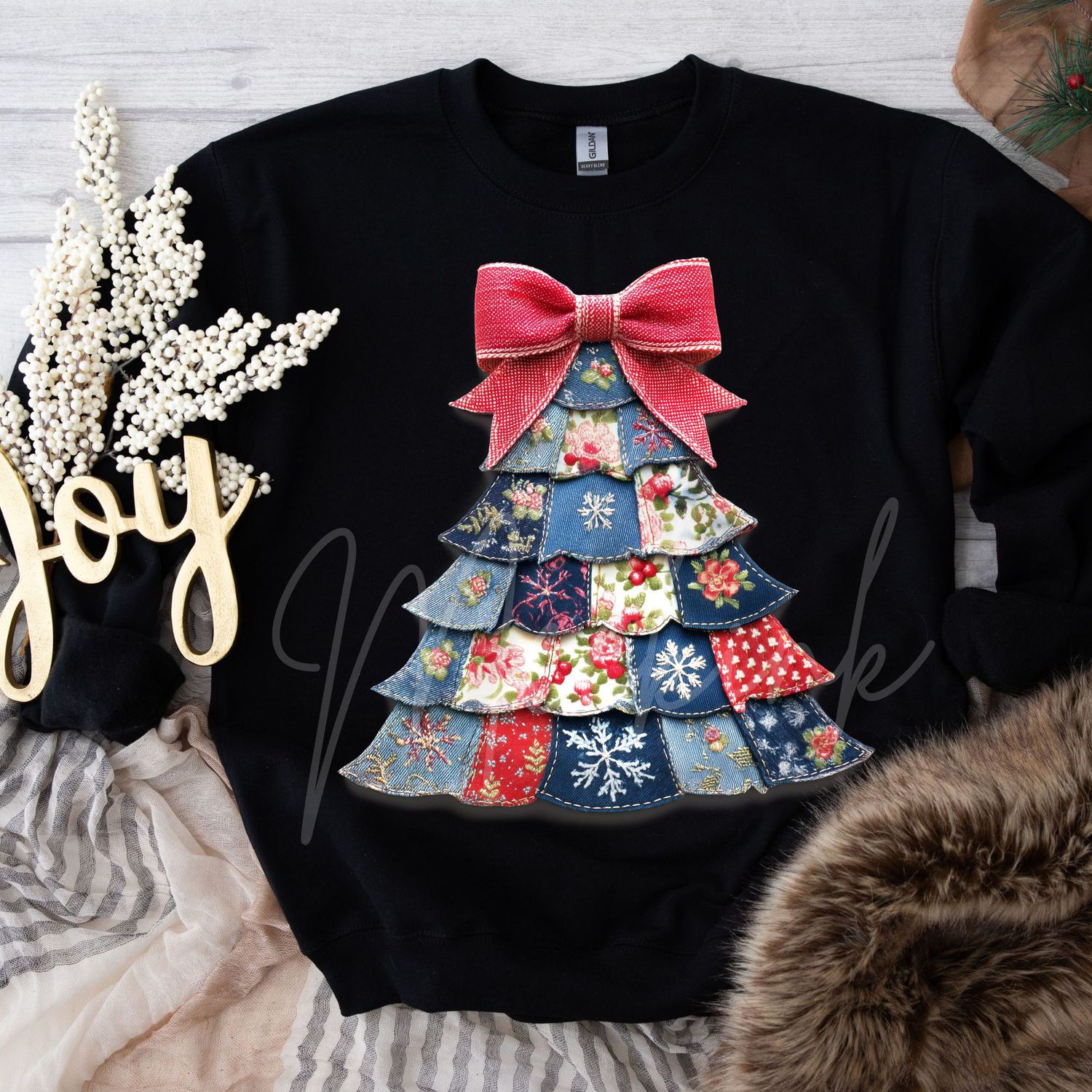 Patchwork Denim Effect Christmas Tree DTF Decal