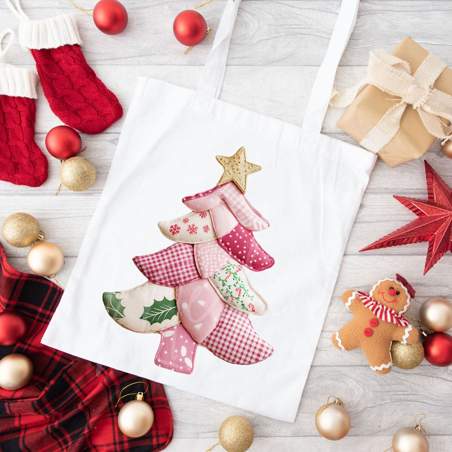 Patchwork Effect Pink Christmas Tree DTF Decal