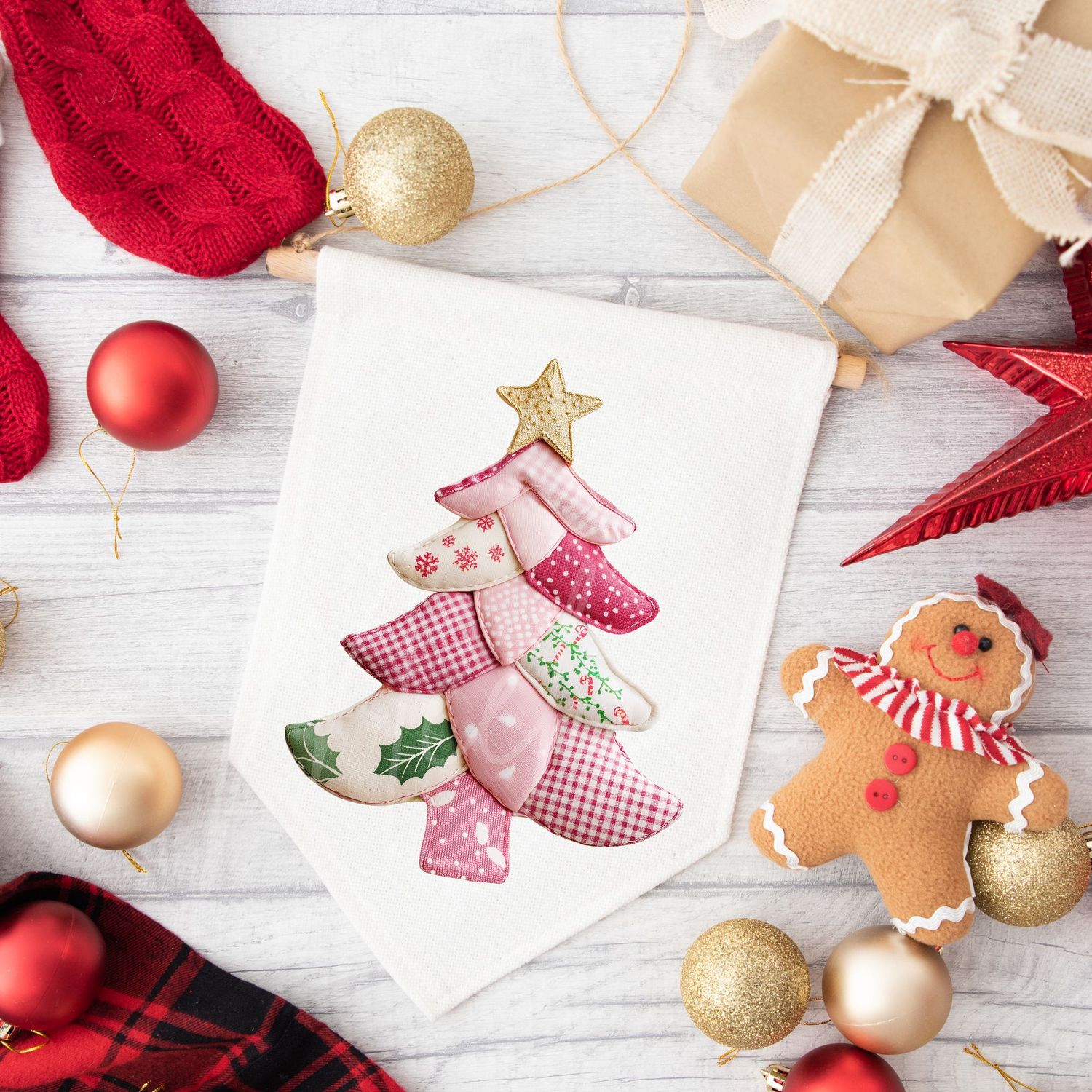 Patchwork Effect Pink Christmas Tree DTF Decal