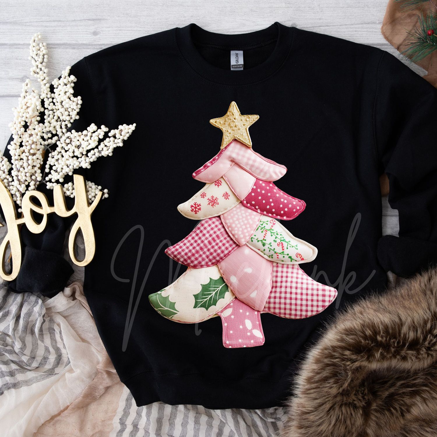 Patchwork Effect Pink Christmas Tree DTF Decal