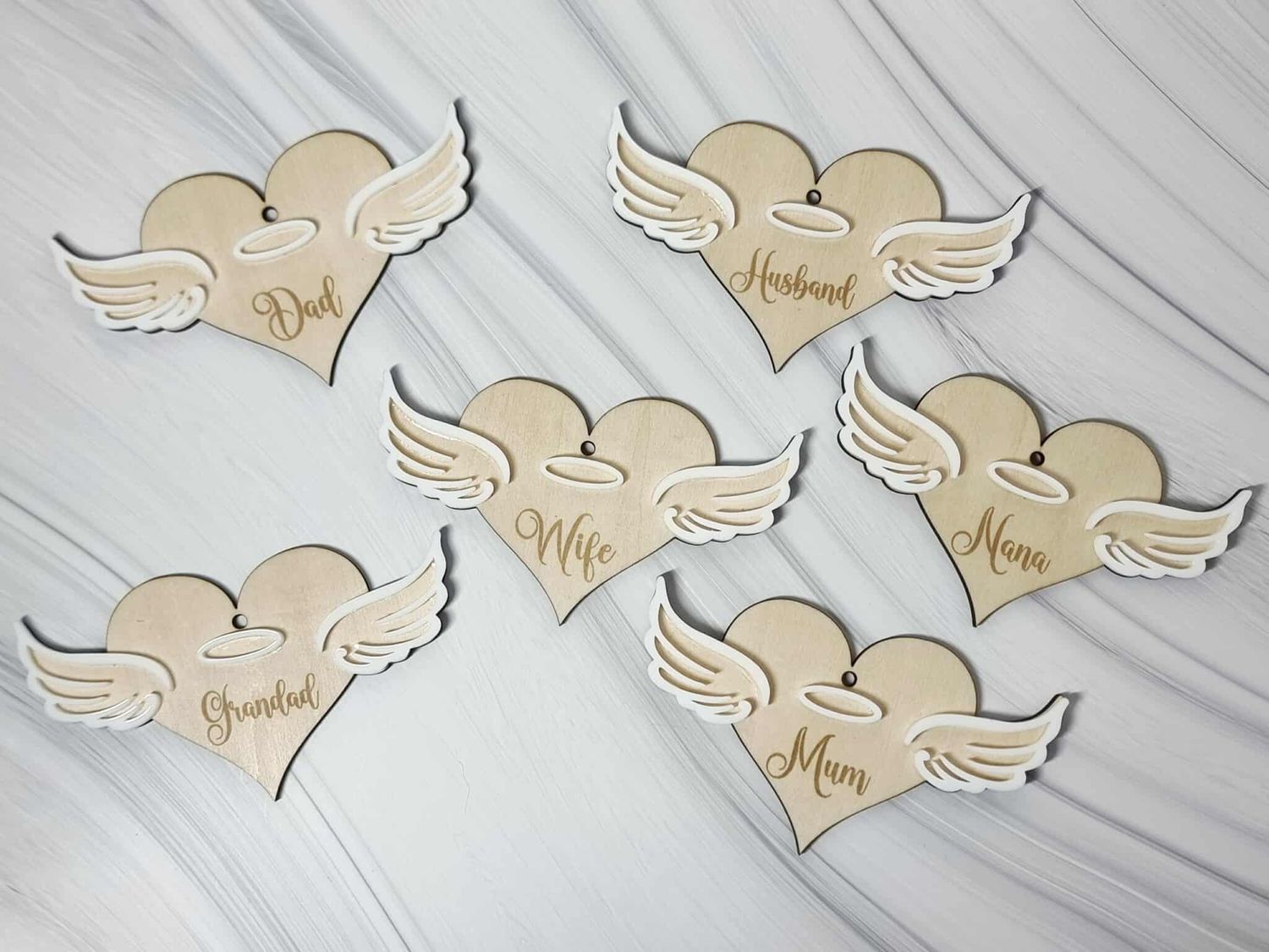 Angel Wings Heart White Acrylic &amp; Plywood 3mm Hanging Ornament