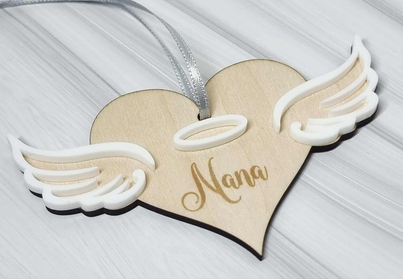 Angel Wings Heart White Acrylic &amp; Plywood 3mm Hanging Ornament