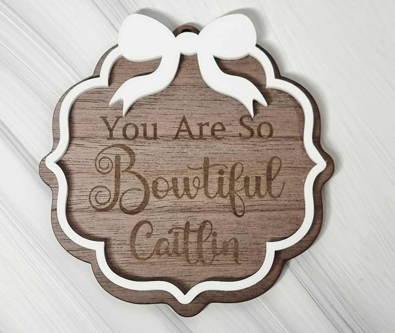 Bowtiful Small Bow Border White Acrylic &amp; Walnut Plywood 3mm Hanging Ornament