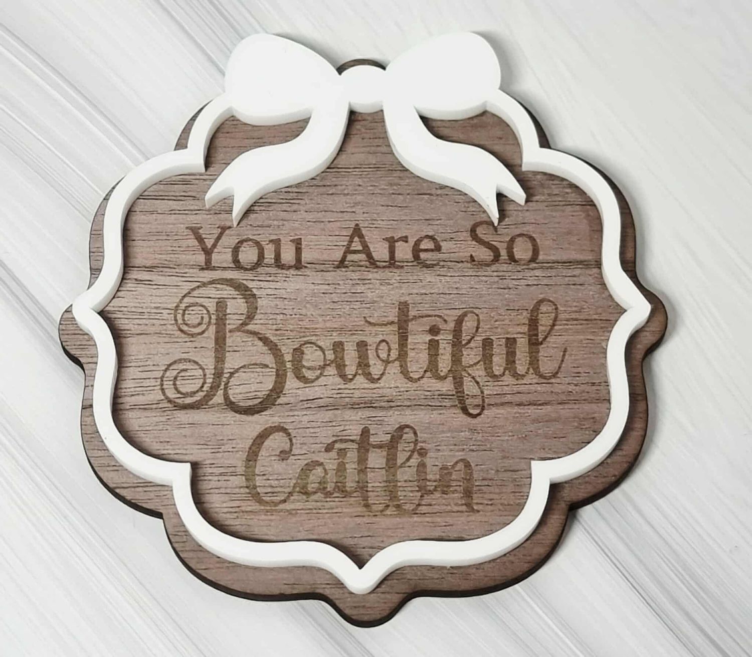 Bowtiful Small Bow Border White Acrylic &amp; Walnut Plywood 3mm Hanging Ornament