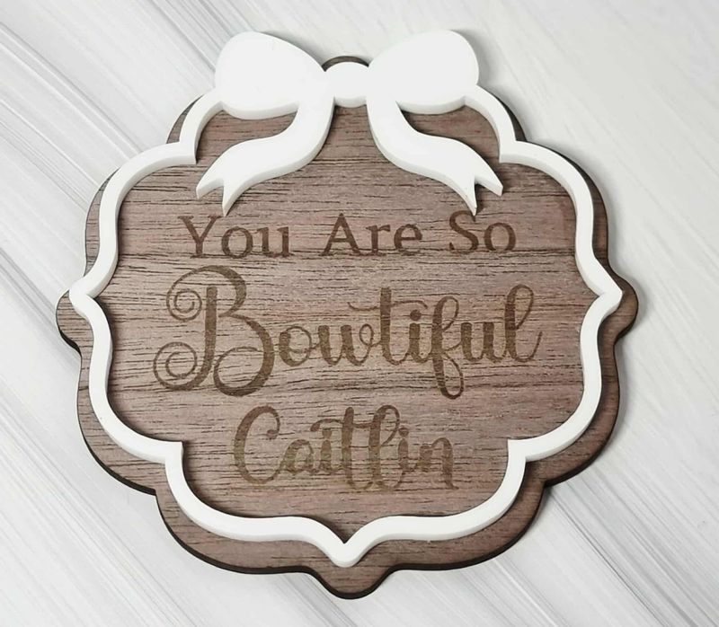 Bowtiful Small Bow Border White Acrylic &amp; Walnut Plywood 3mm Hanging Ornament