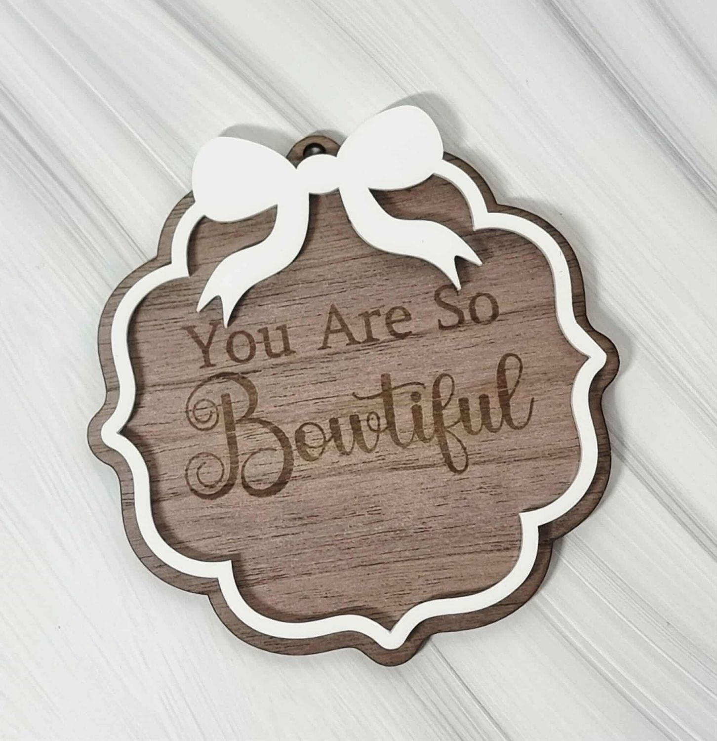 Bowtiful Small Bow Border White Acrylic &amp; Walnut Plywood 3mm Hanging Ornament